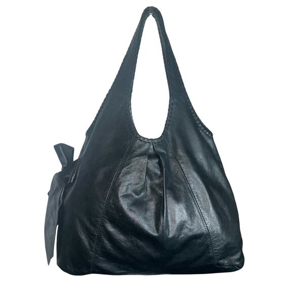 Talbots Black Leather Slouchy Hobo Shoulder Bag Large Tote Purse side bow - Picture 1 of 9